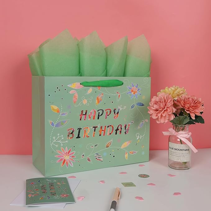 Qirrmiy 13” Large Happy Birthday Gift Bag Set with Handles, Greeting Card, Tissue Papers and Stickers for Women Girls, Green Floral Design, 1 Pcs