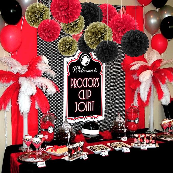 18 PCS Tissue Paper Pom Poms, Tissue Pom Poms Flowers, Sizes of 6", 10", 12", 14" Hanging Paper Flower Ball for Wedding, Birthday, Halloween, Christmas, Baby Shower Party Decor (Red Black Gold)