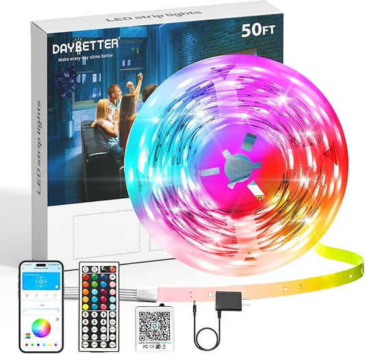 DAYBETTER Led Strip Lights 50 ft, Music Sync RGB Led Light Strips with Remote and App Control, Color Changing Led Lights for Bedroom, Home, Kitchen, Party, Room Decor