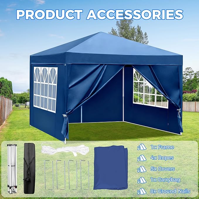 10X10FT Blue Pop Up Party Tent, Outdoor Heavy Duty Party Tent with 4 Removable Sidewalls and Carrying Bag, Portable Gazebos Shelter Sun Shade for Events, Party, Wedding, BBQ, Backyard