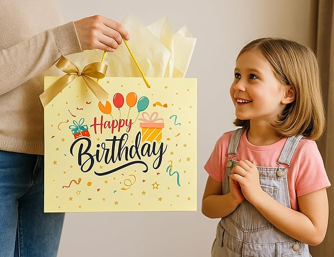 Febbleshow Yellow Birthday Gift Bags with Tissue Paper for Boys Girls Kids Baby Shower - Matte Finish with Colorful Balloon Gift Bag - 13"x10.3"x4.7" (Pack of 2)