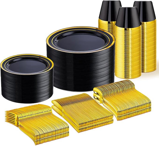 WELLIFE 450 PCS Black and Gold Disposable Dinnerware Set for 75 Guests, Plastic Plates for Party, Gold rimmed Dinner Salad Plates,Cups,Silverware Set for Halloween Party and Celebration