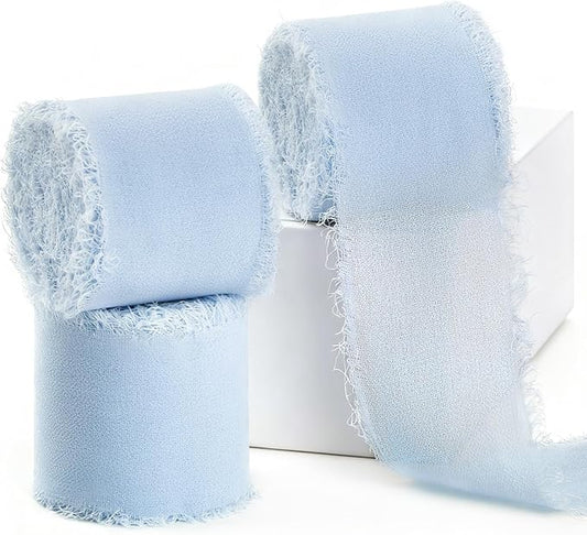 Light Blue Chiffon Ribbon 1.5" x 21 Yd Handmade Fringe Silk Chiffon Fabric Ribbon for Gift Wrapping Wedding Invitation Bridal Flower Bouquet DIY Crafts Home Decor