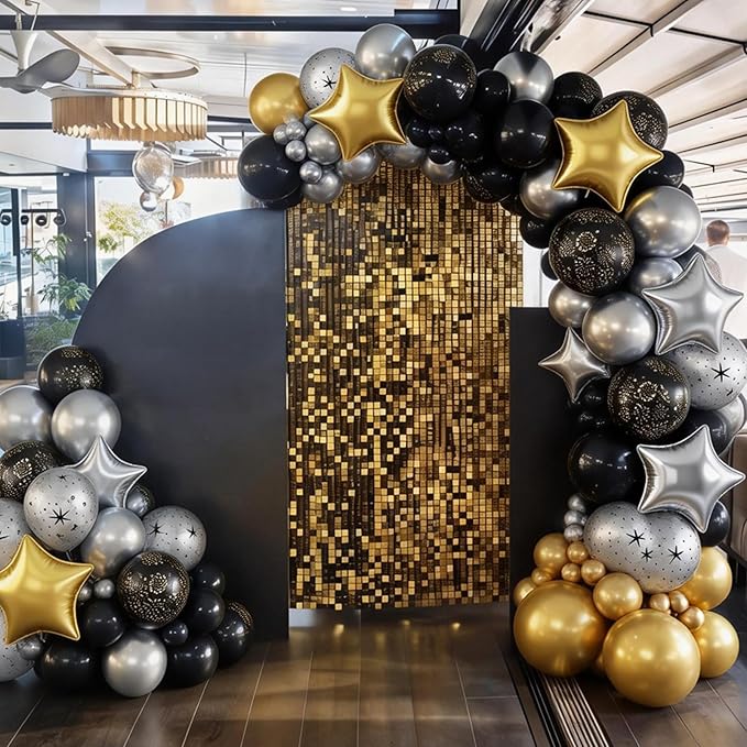 Black and Gold Balloons, Black Silver Gold Balloons, Silver Star Fireworks Printed Balloon With Star Foil Balloon For New Year Retirement Graduation Birthday Baby Shower Party Wedding Celebration