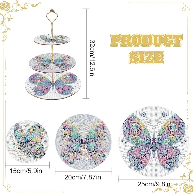 3 Tier Wooden Diamond Art Painting Cake Cupcake Display Stand Round Cupcake Stand Dessert Tower Pastry Tray Platter for Tea Party Wedding Birthday-Butterfly