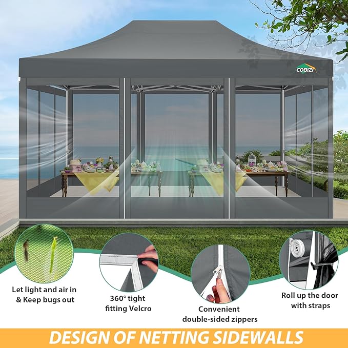 COBIZI 10x15 Heavy Duty Pop up Canopy with 4 Sidewalls, Canopy Tent with Mosquito Netting, Easy up Screen Party Tents for Parties Wedding Patio Backyard Commercial Gazebo with Handbag, Gray