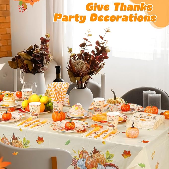 Potchen 452 Pcs Party Supplies Serve 50 Guests, Paper Plates Napkins Cups Cutlery Plastic Tablecloth Dinnerware for Birthday Wedding Party Decoration (Harvest Color, Happy Thanksgiving)