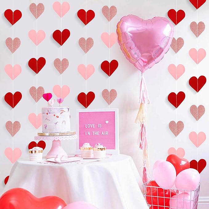 40 Feet Red & Pink Heart Garland Glitter Heart Banner Garland Decoration, Ceiling Hanging for Wedding Bridal Shower Hanging Decoration Streamers