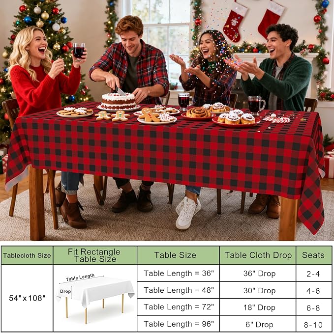 misaya 5 Packs Christmas Buffalo Disposable Table Cloth, 54 x 108 Inch Waterproof Plastic Tablecloth, Rectangle Black and Red Checkered Table Covers for Picnic, Birthday, Party