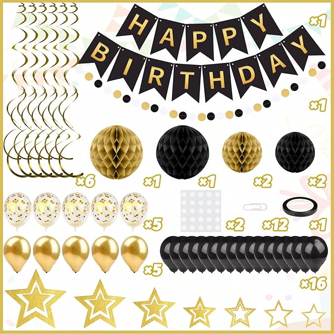 ZERODECO Black Gold Birthday Decorations, Easy to Assemble Happy Birthday Banner with Honeycomb Ball, Balloon, Hanging Swirl Streamer, Garland, Party Decorations for Women Men