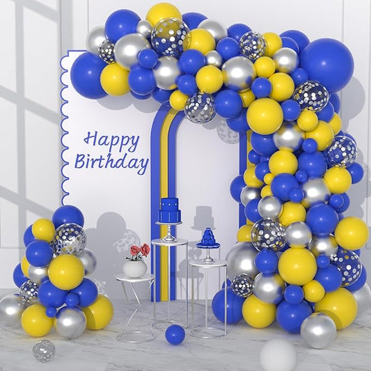 Blue Yellow Silver Balloon Garland Arch Kit, 122PCS Royal Blue Yellow and Meatallic Silver Confetti Balloons for Cartoon Birthday Wedding Baby Shower Anniversary Grad Video Gaming Party Decoration