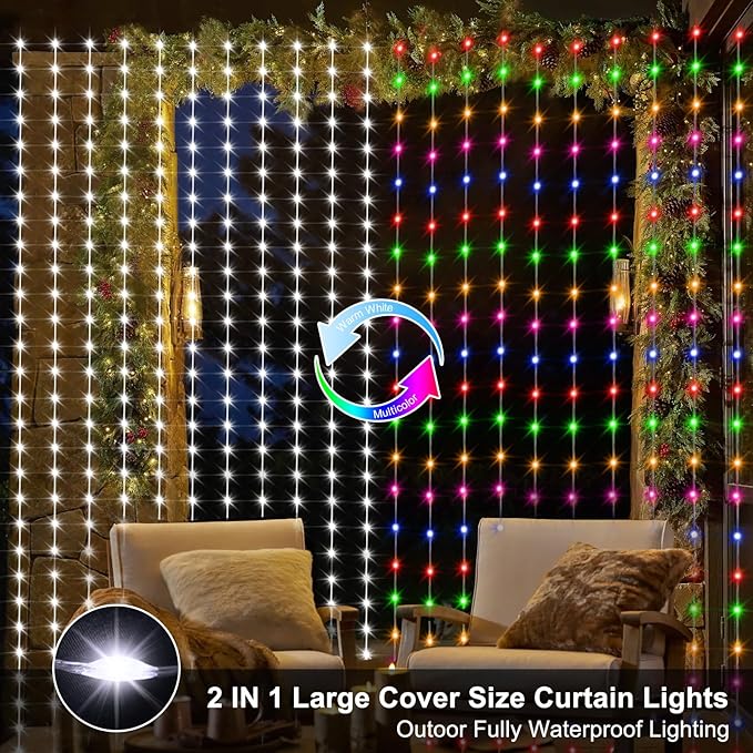 echosari 20Ft x 10Ft Large Curtain Lights Plug in, 600 LED Dual Color Changing Outdoor Curtain Lights Waterproof Connectable with Remote for Wedding Backdrop Yard Decor (Cool White & Multicolor)