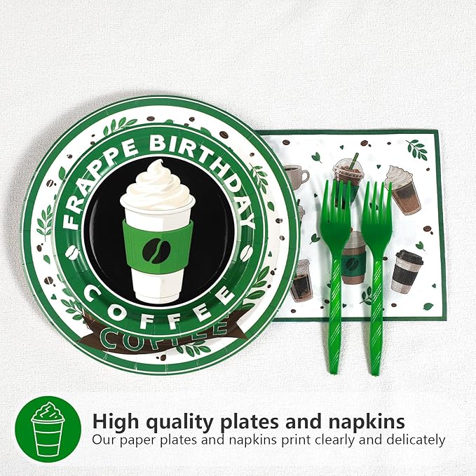 Grencian Green Coffee Birthday Party Decorations - 96Pcs Green Iced Coffee Theme Supplies Plates and Napkins Disposable Tableware Set for Latte Lover Birthday Party Decorations Serve 24