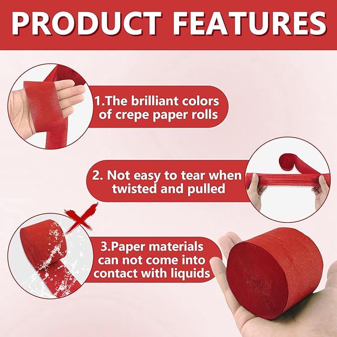 Crepe Paper Streamers 6 Rolls Red Streamers 2.2 Inches 738 Feet, Streamers Party Supplies DIY Crafts for Birthday, Wedding, Baby Shower, Bachelorette Party, Graduations Decorations, Red