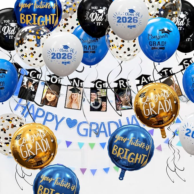 GuassLee Graduation Blue and Gold Balloons 2026 - Grad Latex Confetti Balloons with Congrats Grad Foil Balloons for Graduation Party Decorations Supplies, 60Pcs