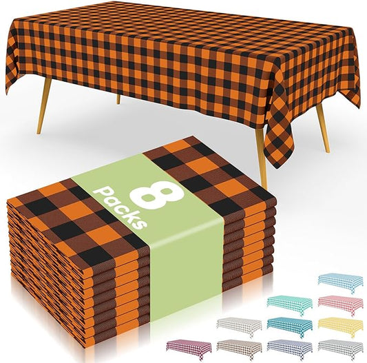 Smiry 8 Packs Gingham Disposable Table Cloth, 54 x 108 Inch Waterproof Plastic Tablecloth, Rectangle Black and Orange Checkered Table Covers for Picnic, Birthday, Party