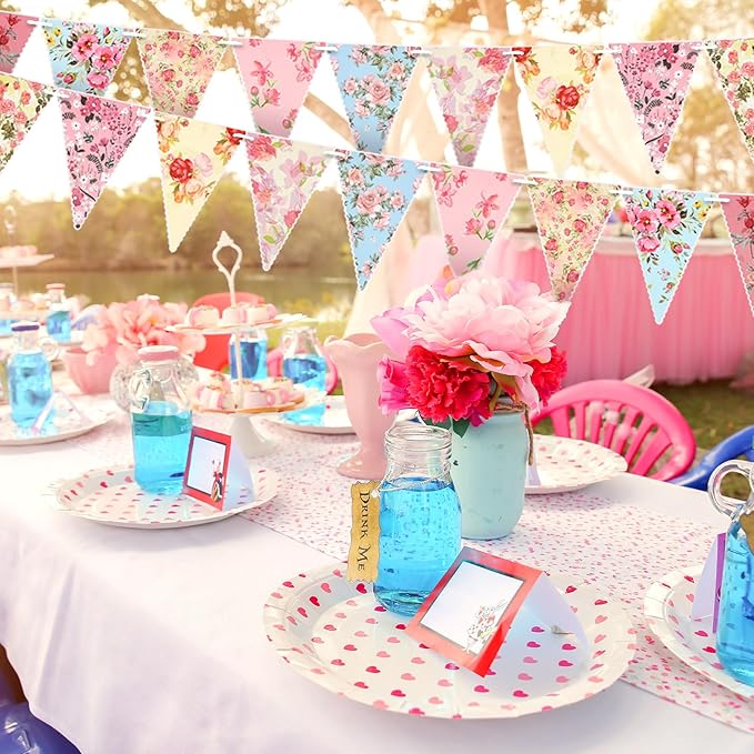 Funtery 5 Pcs Retro Bright Floral Paper Garland Chic Tea Party Decorations Wildflower Garland Floral Triangle Banner for Wedding Birthday Parties Festivals Home Outdoor Hanging Decorations