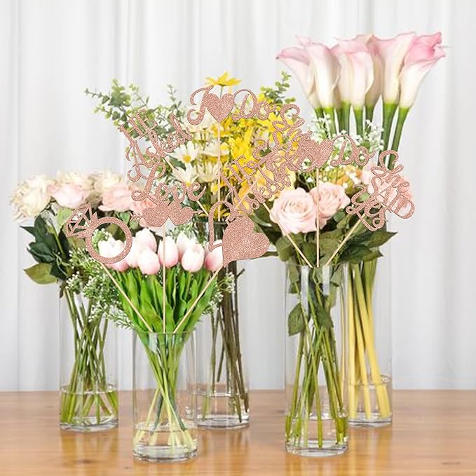 12 Pack He Asked She Said Yes Centerpiece Sticks Love Heart I do Ring Table Centerpiece Sticks for Wedding Engagement Bridal Theme Party Supplies Gold (rose gold)