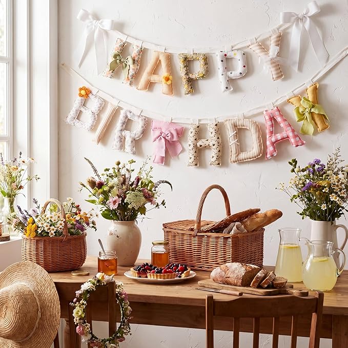 Suncalla Pre-strung Happy Birthday Banner Sign Reusable Felt Happy Birthday Garland Hanging Decorations Party Bunting Garland for Party Decor Photo Pro Home Backdrop (Flower,Flower Colors)