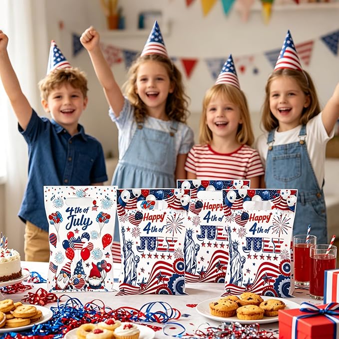 MOIZYNG 50Pcs Happy 4th of July Gift Bags with Handles, Patriotic Red White Blue Plastic Candy Treat Goodie Bags for Fourth of July Independence Day Party Favors Supplies