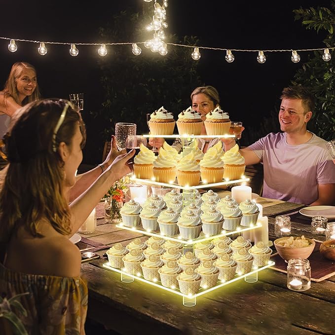 Cupcake Stand with Lights, 4 Tier Acrylic Cupcake Tower with Yellow LED String Lights, Clear Cupcake Display Stand for Wedding,Baby Shower, Birthday