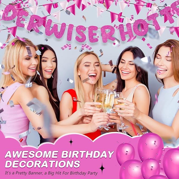 Fulmoon Set of 3 Pre Strung Older Wiser Hotter Glitter Banner Funny Birthday Banner for Women 30th 40th 50th 60th 70th 80th Birthday Party Decorations Sign Gift(Hot Pink)