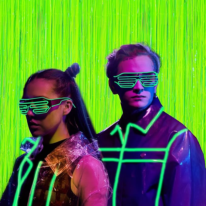 2 Pack Glow in The Dark Party Curtains, Neon Party Decorations 6.6 x 6.6 ft Fluorescent Macaron Yellow Tinsel Foil Fringe Curtains, Photo Booth Prop Backdrop Streamers, Birthday Halloween Party Decor