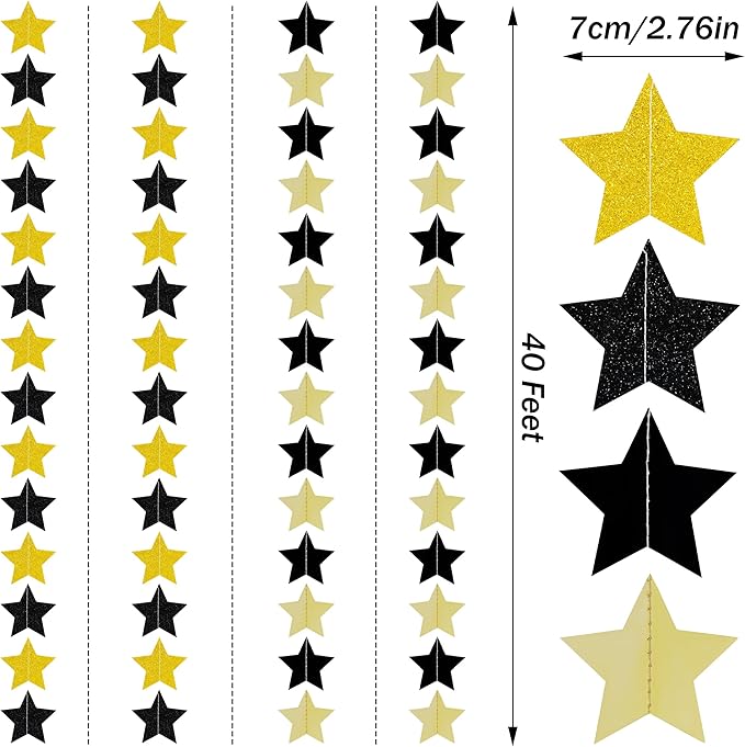 40Ft Black Gold Glitter Star Garland Double Sided Hanging Star Streamers, 2026 Graduation Decor Star Banner for Black and Gold Party, Birthday, Wedding, New Year Eve Party Supplies