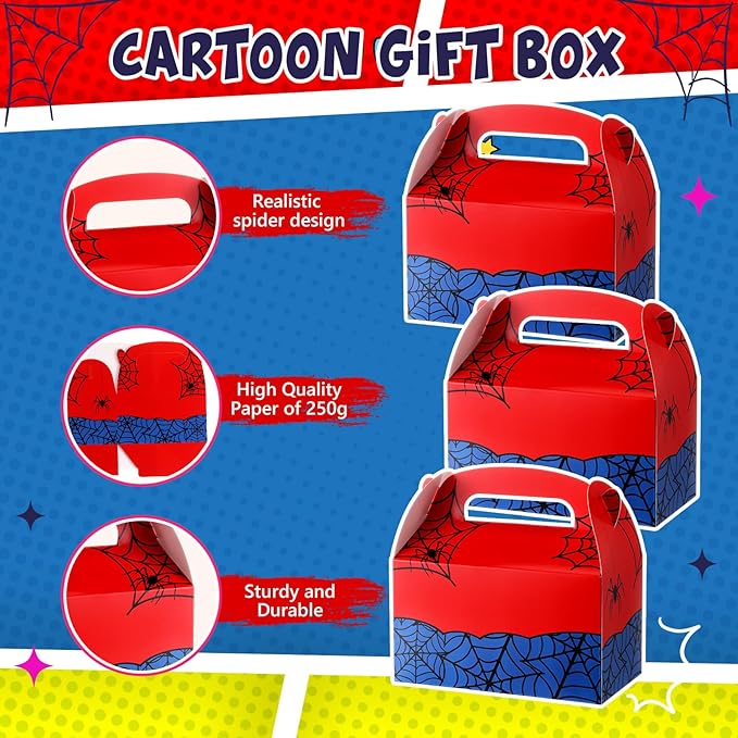 Marspark 24 Pack Spider Web Cartoon Birthday Party Supplies, Paper Gift Boxes, Cartoon Candy Treat Boxes for Birthday Party Decorations(Spider Pattern)