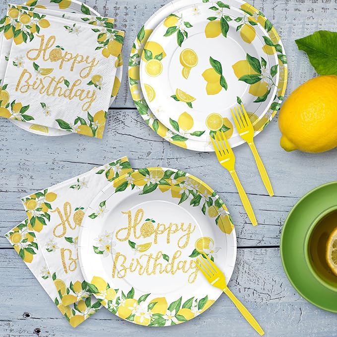 96PCS Lemon Birthday Party Decorations Freshly Graduated Lemon Party Plates Disposable Yellow Lemons Paper Tableware Set for Summer Lemonade Theme Birthday Lemons Baby Shower Fruit Themed Serves 24