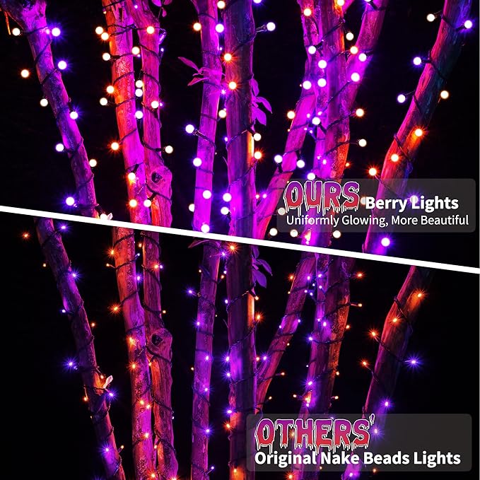 ODEETRONIC Halloween Lights, 65.6ft 200 LED Purple & Orange Globe String Lights, Connectable Berry String Lights, 8 Modes Ball Lights with Timer, Outdoor Halloween Lights for Graden Tree Party Bedroom
