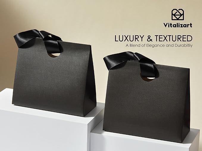 Vitalizart Paper Gift Bags With Ribbon Handles Set of 10 Black Bulk Reusable For Gift Wrap Girls Kids Birthday Bridal Shower Party Favors Goodie Bags Candy Toys Christmas 7.87"x3.54"x7.09" Small Size