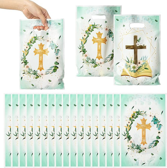 50Pcs Cross Party Favor Bag Baptism First Communion Waterproof Goodie Bag with Die Cut Handles God Bless Church Religious Plastic Gift Bags for Kids Birthday Baby Shower Decoration Supplies