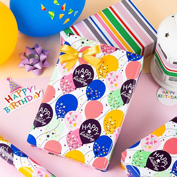 MAYPLUSS Birthday Gift Wrapping Paper Roll - 17 Inch x 16.4 Feet - Colorful Kids Style Confetti Balloons Birthday Festive Gift Wrap Paper for Boys,Girls Celebration, Holiday, Party, Baby Shower