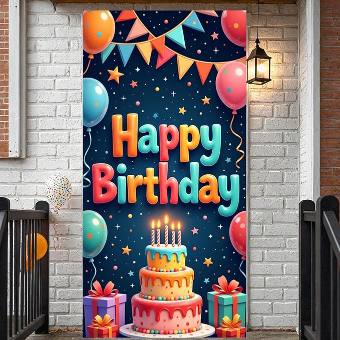 Colorful Happy Birthday Party Door Cover Banners Sign Decorations Birthday Backdrop Background with Cake Balloon Gift for Bday Party Decor Supplies Decorations Indoor Outdoor Kids Girls Boys