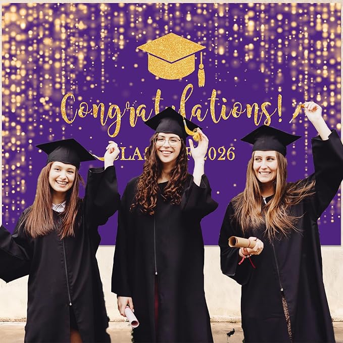 Mocsicka Class of 2026 Backdrop Purple Gold Glitter Bokeh Graduation Party Background 2026 Congrats Grad Prom Party Cake Table Decoration Photo Booth Props (10x7ft)