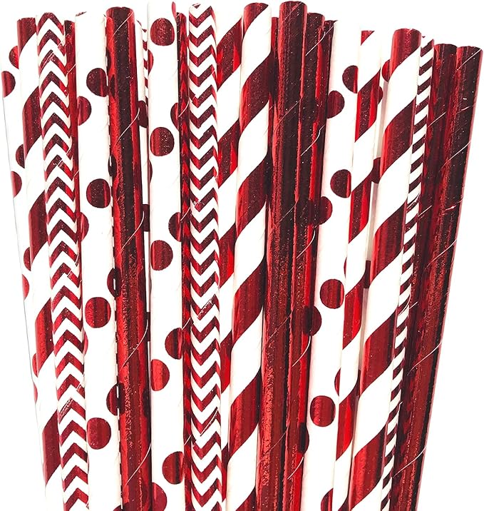 100 pcs Mixed Biodegradable Party Paper Straws, Glitter Metallic Red Foil Stripe Wave Solid Beverage Drinking Straws, Holiday Birthday Christmas Valentine Craft Cake Pop Sticks (Metallic Red Foil)