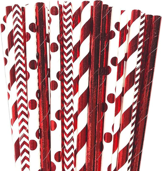 100 pcs Mixed Biodegradable Party Paper Straws, Glitter Metallic Red Foil Stripe Wave Solid Beverage Drinking Straws, Holiday Birthday Christmas Valentine Craft Cake Pop Sticks (Metallic Red Foil)