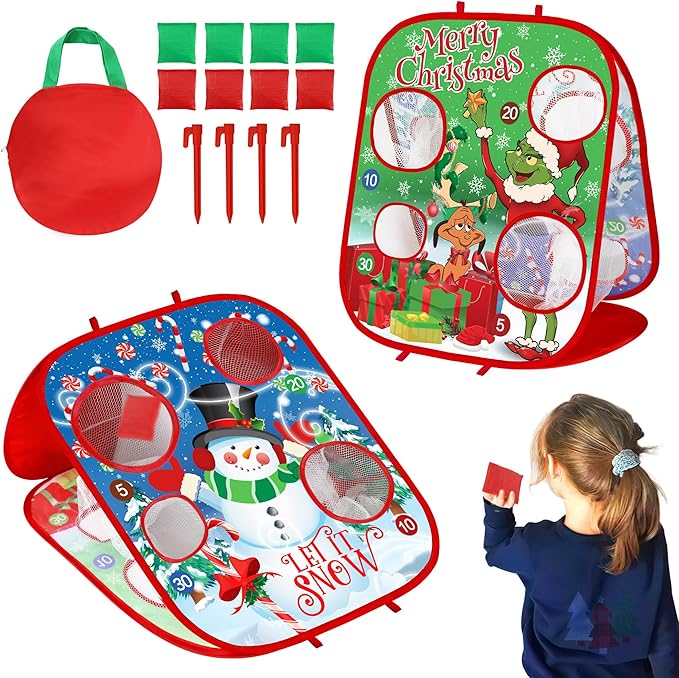 Christmas Bean Bag Toss Games for Kids, Christmas Party Games Double-Sided Collapsible Cornhole Board, Carnival Toys Gifts for Boys Girls Family Outdoor Indoor Yard Games Party Favors Supplies
