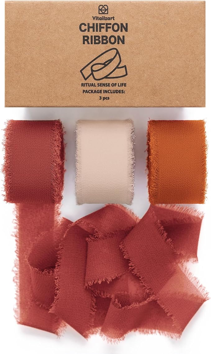 Vitalizart Terracotta & Orange Chiffon Silk Ribbon 1" x 21 Yd Fringe Fabric Package (3 Rolls * 7 Yd) for Wedding Invitations Bridal Bouquets Decorations Gifts Wrapping & Bow Making