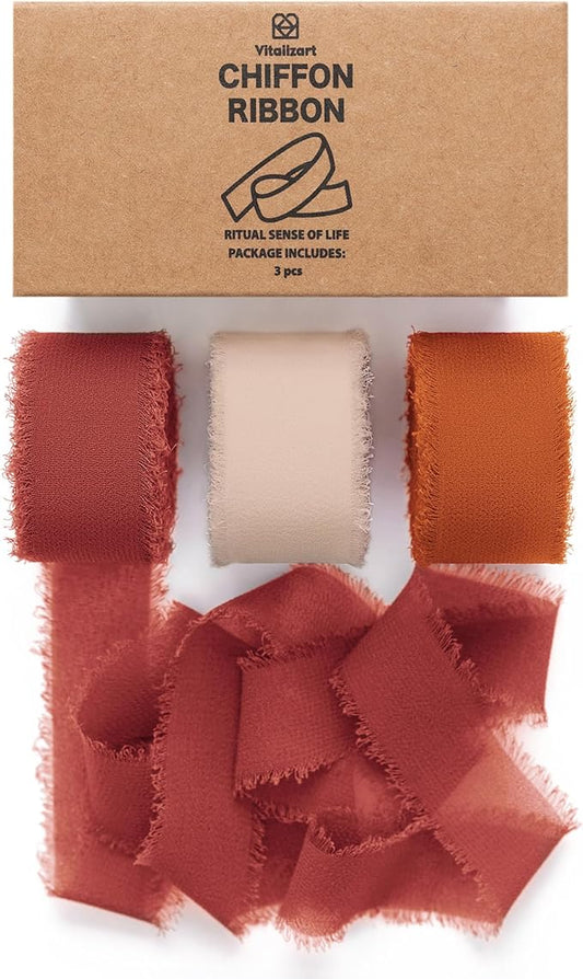 Vitalizart Terracotta & Orange Chiffon Silk Ribbon 1" x 21 Yd Fringe Fabric Package (3 Rolls * 7 Yd) for Wedding Invitations Bridal Bouquets Decorations Gifts Wrapping & Bow Making