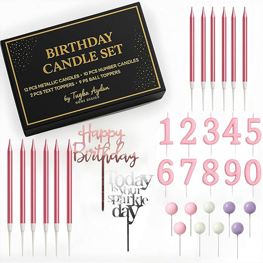 by Tugba Aydan - 33 Pcs Pink Birthday Candle Set with Number Candles 0–9, Metallic Long Candles, Ball&Text Toppers-Complete Cake Decoration Kit for Kids & Adults Birthday Party
