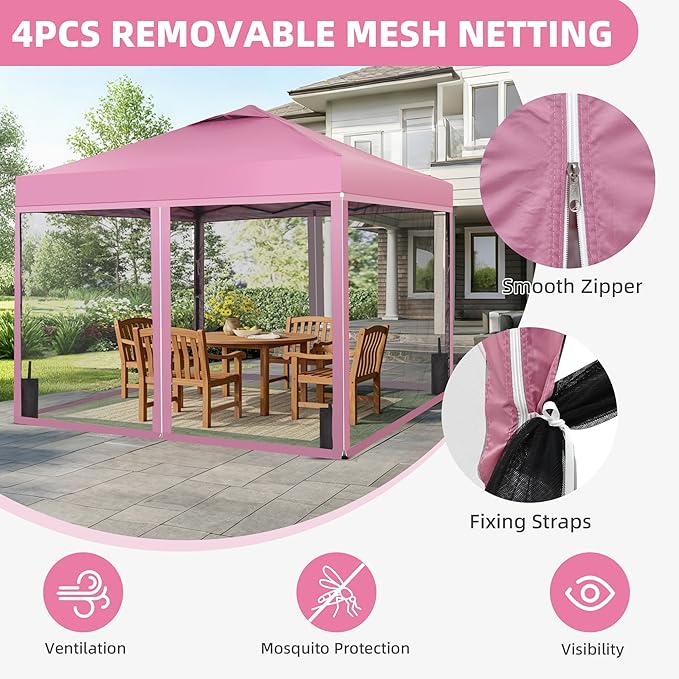 GDY 10x10 Pop up Canopy Tent with Mosquito Netting, Easy up Gazebo for Patio, Camping and Garden, Includes 4 Sandbags, Pink