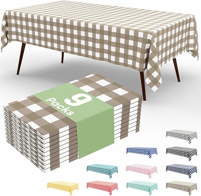 misaya 9 Packs Buffalo Disposable Table Cloth, 54 x 108 Inch Waterproof Plastic Tablecloth, Rectangle Khaki and White Checkered Table Covers for Picnic, Birthday, Party