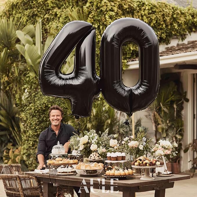 AULE 40 Inch Jumbo Black Foil Mylar Number Balloons for Men Women 40th Birthday Party Decorations 40 Years Old Anniversary Party Supplies
