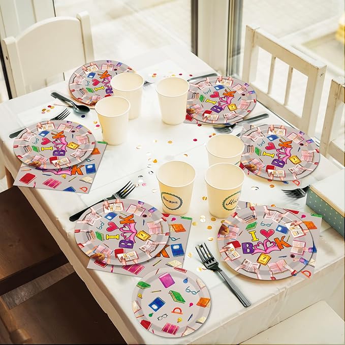 Wiooffen 96 Pcs Book Club Birthday Party Plates Napkins Tableware Set Back to School Party Supplies Disposable Dinnerware Books Decoration Favors for Library Reading Party Table Decor, 24 Guests