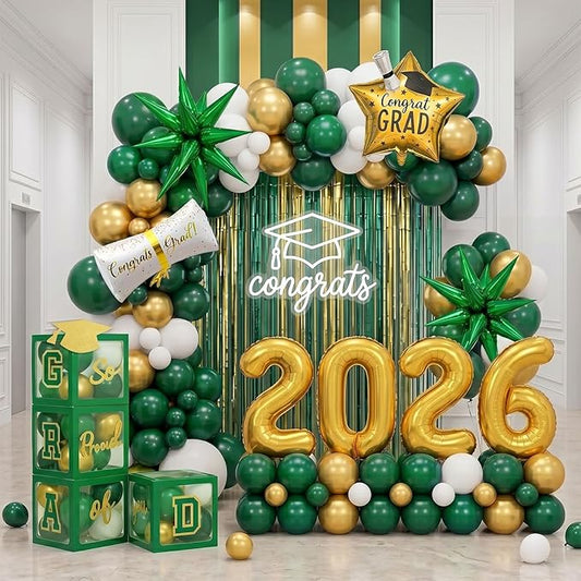 Green Graduation Decorations 2026 Set of 4 GRAD Balloon Boxes with Balloon Arch Garland Kit mylar balloons Fringe Curtain So Proud of You 2026 prom Graduation Decorations