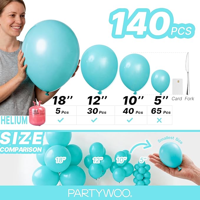 PartyWoo Teal Balloons 140pcs Different Sizes Pack of 18 12 10 5 Inch Turquoise Dark Teal Balloon Arch Kit for Baby Shower Gender Reveal Graduation Mermaid Birthday Pool Party Decorations Blue-Y69