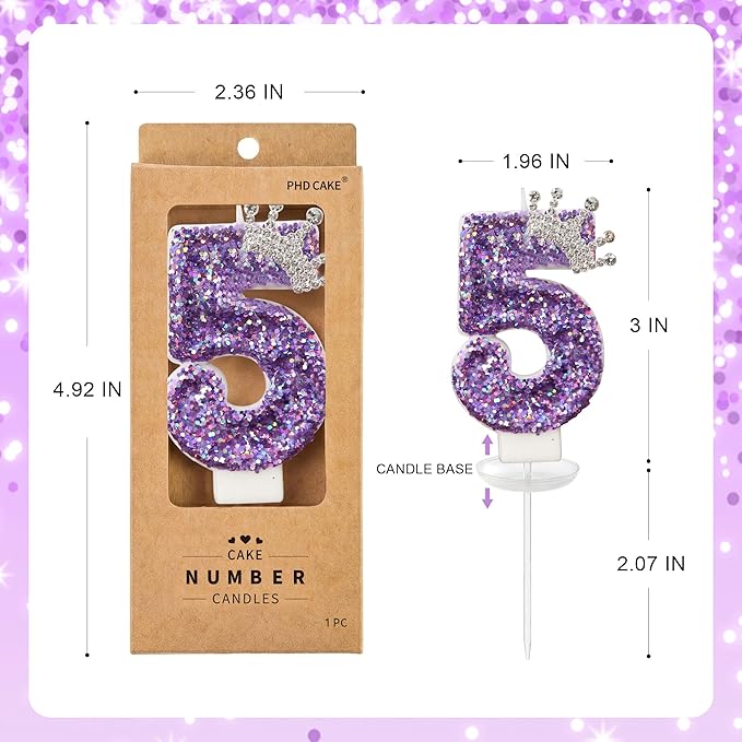 Birthday Number Candles,Purple Crown Birthday Candles for Cake,Glitter Number 5 Candle Cake Topper with Sequins for Anniversary Celebrations Supplies