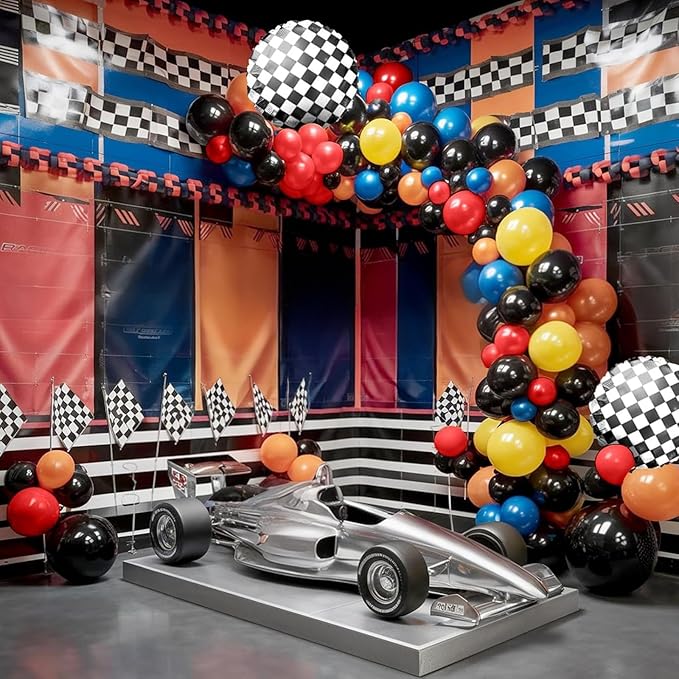 Racing Theme Balloons Arch Garland Kit, Blue Red Black Checkered Pattern Flag Foil Balloon, Racing Themed Decorations for Boys Birthday Party Baby Shower